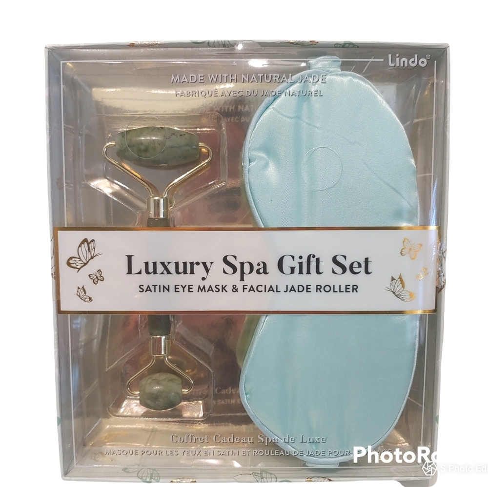 Luxury women Lindo Spa gift satin eye mask facial jade roller set New NWOT
